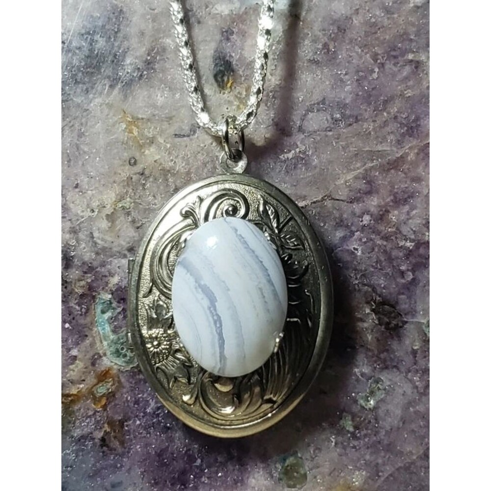 Blue lace agate one of a kind locket necklace handmade in USA